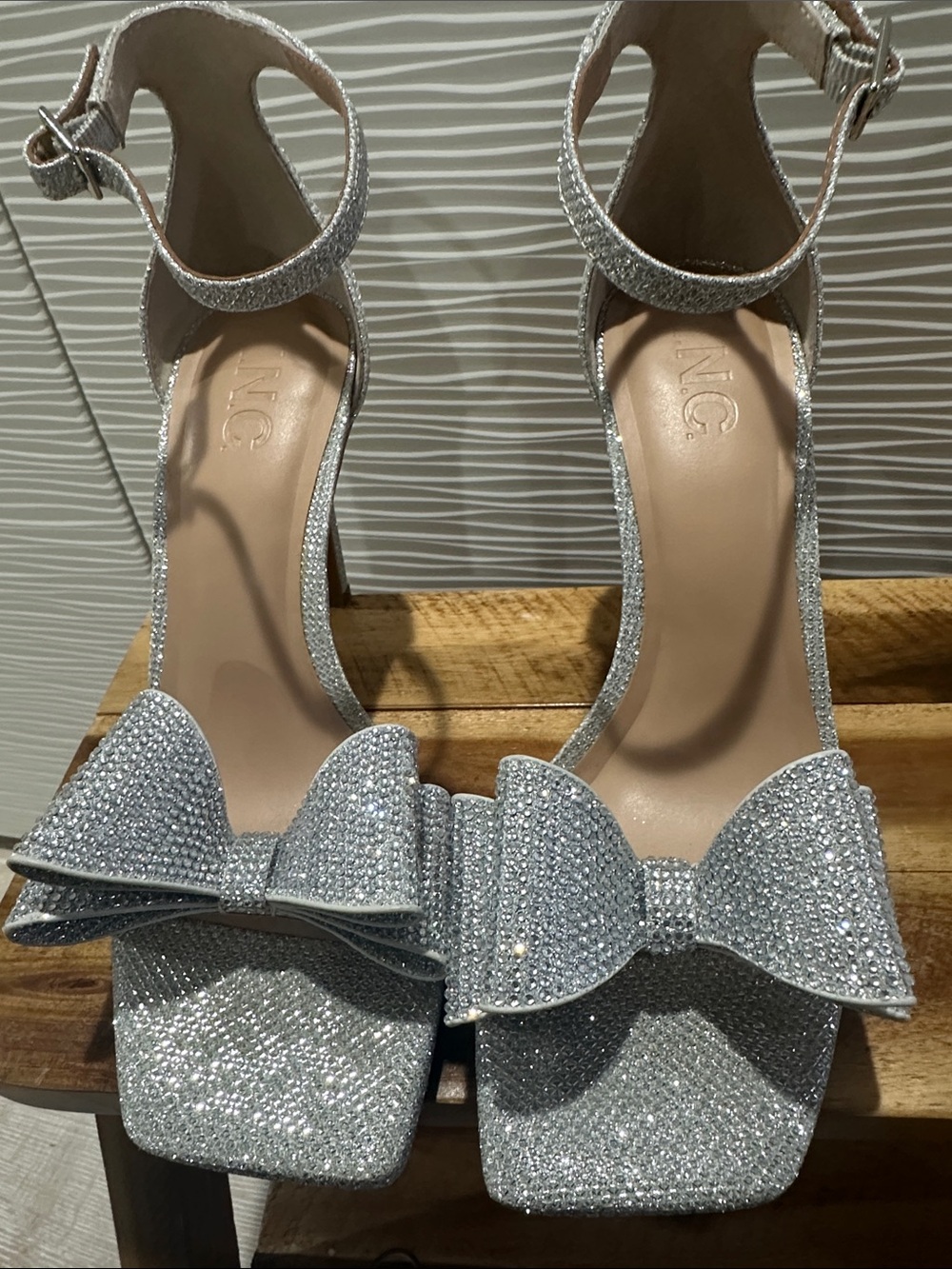 INC International Concepts Silver Glitter Bow Ankle-Strap Heels 7.5